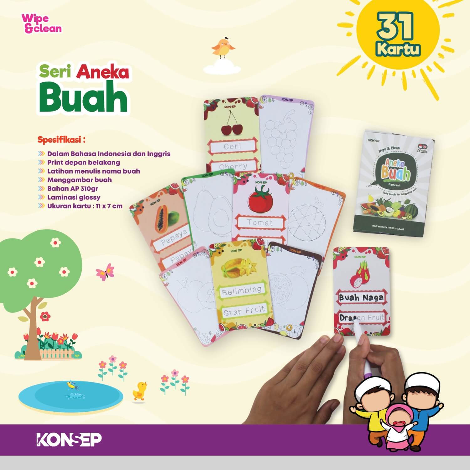 Flash Card Wipe & Clean Aneka Buah - Kartu Belajar Anak Bergambar - Konsep Studio